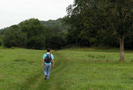 Walker crossing through an area of land on a trail